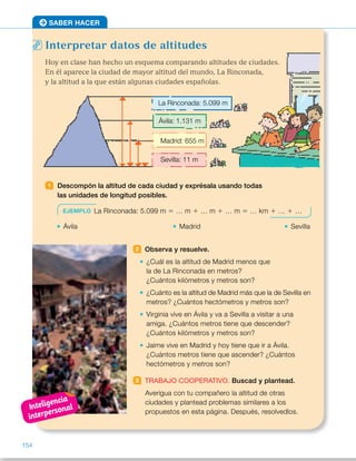 Interpretar datos de altitudes
Hoy en clase han hecho un esquema comparando altitudes de ciudades.
En él aparece la ciudad de mayor altitud del mundo, La Rinconada,
y la altitud a la que están algunas ciudades españolas.
1 Descompón la altitud de cada ciudad y exprésala usando todas
las unidades de longitud posibles.
Ávila Madrid Sevilla
2 Observa y resuelve.
¿Cuál es la altitud de Madrid menos que
la de La Rinconada en metros?
¿Cuántos kilómetros y metros son?
¿Cuánto es la altitud de Madrid más que la de Sevilla en
metros? ¿Cuántos hectómetros y metros son?
Virginia vive en Ávila y va a Sevilla a visitar a una
amiga. ¿Cuántos metros tiene que descender?
¿Cuántos kilómetros y metros son?
Jaime vive en Madrid y hoy tiene que ir a Ávila.
¿Cuántos metros tiene que ascender? ¿Cuántos
hectómetros y metros son?
3 TRABAJO COOPERATIVO. Buscad y plantead.
Averigua con tu compañero la altitud de otras
ciudades y plantead problemas similares a los
propuestos en esta página. Después, resolvedlos.
SABER HACER
EJEMPLO La Rinconada: 5.099 m 5 … m 1 … m 1 … m 5 … km 1 … 1 …
Ávila: 1.131 m
Madrid: 655 m
Sevilla: 11 m
La Rinconada: 5.099 m
154
ES0000000024590 663006-Unidad 10_22593.indd 154 10/03/2015 13:21:48
Propósitos
•  Desarrollar la competencia
matemática resolviendo
una situación de la vida real.
Actividades pág. 154
1 	 La Rinconada: 5.099 m 5
5 5 km 1 9 dam 1 9 m
	 • Ávila: 1.131 m 5
5 1 km 1 1 hm 1 3 dam 1 1 m
	 • Madrid: 655 m 5
5 6 hm 1 5 dam 1 5 m
	 • Sevilla: 11 m 5 1 dam 1 1 m
2 	 • 5.099 2 655 5 4.444
4.444 m 5 4 km 1 444 m
	 • 655 2 11 5 644
644 m 5 6 hm y 44 m
	 • 1.131 2 11 5 1.120
1.120 m 5 1 km 1 120 m
	 • 1.131 2 655 5 476
476 m 5 4 hm 1 76 m
3 	 R. L. Haga una puesta en común
con las altitudes buscadas por los
alumnos y proponga actividades
similares a las propuestas en esta
página.
Actividades pág. 155
1 	 • 4.448 	 • c 5 120, r 5 20
	 • 107.298 	 • c 5 95
	 • 140.217 	 • c 5 107
2 	 • 12 2 6 1 5 5 11
	 • 16 1 4 2 6 5 14
	 • 28 2 5 5 23
	 • 2 1 12 5 14
	 • 18 2 3 3 2 5 12
	 • 15 : 3 1 8 5 13
	 • 15 2 6 2 5 5 4
	 •  6 2 3 1 8 5 11
3 	 • 138 	 • 2.000
	 • 160 	 • 2.400
4 	 • 
3
10
 5 0,3 	 • 
32
100
 5 0,32
	 • 
12
10
 5 1,2 	 • 
326
1.000
5 0,326
	 • 
9
100
 5 0,09
	 • 
87
1.000
 5 0,087
Desarrollo de la competencia matemática
•  El trabajo de esta página se centra en la aplicación de todo lo aprendido
en la unidad a datos de altitudes de distintas localidades. De esta manera,
los alumnos comprenderán la utilidad de sus saberes y podrán desarrollar
de manera adecuada esta competencia.
A la hora del trabajo cooperativo, pida a los alumnos que antes de llevarlo
a cabo realicen una planificación cuidadosa por escrito de todos los pasos
que van a realizar: dónde van a buscar información, cómo la van a exponer
a sus compañeros, de qué forma van a plantear los problemas,
en qué formato expondrán los resultados… Comente esas planificaciones
con los grupos.
Inteligencia
interpersonal
88
 