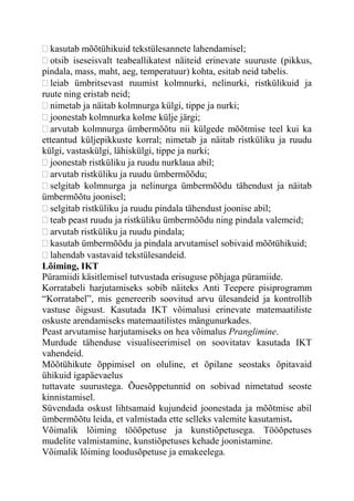 kasutab mõõtühikuid tekstülesannete lahendamisel;
otsib iseseisvalt teabeallikatest näiteid erinevate suuruste (pikkus,
pindala, mass, maht, aeg, temperatuur) kohta, esitab neid tabelis.
leiab ümbritsevast ruumist kolmnurki, nelinurki, ristkülikuid ja
ruute ning eristab neid;
nimetab ja näitab kolmnurga külgi, tippe ja nurki;
joonestab kolmnurka kolme külje järgi;
arvutab kolmnurga ümbermõõtu nii külgede mõõtmise teel kui ka
etteantud küljepikkuste korral; nimetab ja näitab ristküliku ja ruudu
külgi, vastaskülgi, lähiskülgi, tippe ja nurki;
joonestab ristküliku ja ruudu nurklaua abil;
arvutab ristküliku ja ruudu ümbermõõdu;
selgitab kolmnurga ja nelinurga ümbermõõdu tähendust ja näitab
ümbermõõtu joonisel;
selgitab ristküliku ja ruudu pindala tähendust joonise abil;
teab peast ruudu ja ristküliku ümbermõõdu ning pindala valemeid;
arvutab ristküliku ja ruudu pindala;
kasutab ümbermõõdu ja pindala arvutamisel sobivaid mõõtühikuid;
lahendab vastavaid tekstülesandeid.
Lõiming, IKT
Püramiidi käsitlemisel tutvustada erisuguse põhjaga püramiide.
Korratabeli harjutamiseks sobib näiteks Anti Teepere pisiprogramm
“Korratabel”, mis genereerib soovitud arvu ülesandeid ja kontrollib
vastuse õigsust. Kasutada IKT võimalusi erinevate matemaatiliste
oskuste arendamiseks matemaatilistes mängunurkades.
Peast arvutamise harjutamiseks on hea võimalus Pranglimine.
Murdude tähenduse visualiseerimisel on soovitatav kasutada IKT
vahendeid.
Mõõtühikute õppimisel on oluline, et õpilane seostaks õpitavaid
ühikuid igapäevaelus
tuttavate suurustega. Õuesõppetunnid on sobivad nimetatud seoste
kinnistamisel.
Süvendada oskust lihtsamaid kujundeid joonestada ja mõõtmise abil
ümbermõõtu leida, et valmistada ette selleks valemite kasutamist.
Võimalik lõiming tööõpetuse ja kunstiõpetusega. Tööõpetuses
mudelite valmistamine, kunstiõpetuses kehade joonistamine.
Võimalik lõiming loodusõpetuse ja emakeelega.
 