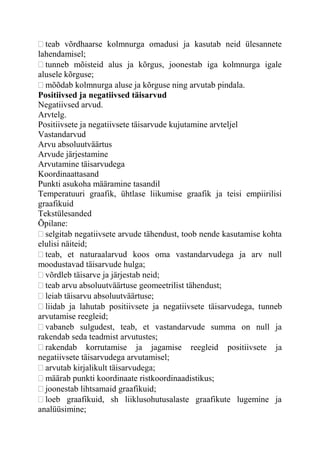 teab võrdhaarse kolmnurga omadusi ja kasutab neid ülesannete
lahendamisel;
tunneb mõisteid alus ja kõrgus, joonestab iga kolmnurga igale
alusele kõrguse;
mõõdab kolmnurga aluse ja kõrguse ning arvutab pindala.
Positiivsed ja negatiivsed täisarvud
Negatiivsed arvud.
Arvtelg.
Positiivsete ja negatiivsete täisarvude kujutamine arvteljel
Vastandarvud
Arvu absoluutväärtus
Arvude järjestamine
Arvutamine täisarvudega
Koordinaattasand
Punkti asukoha määramine tasandil
Temperatuuri graafik, ühtlase liikumise graafik ja teisi empiirilisi
graafikuid
Tekstülesanded
Õpilane:
selgitab negatiivsete arvude tähendust, toob nende kasutamise kohta
elulisi näiteid;
teab, et naturaalarvud koos oma vastandarvudega ja arv null
moodustavad täisarvude hulga;
võrdleb täisarve ja järjestab neid;
teab arvu absoluutväärtuse geomeetrilist tähendust;
leiab täisarvu absoluutväärtuse;
liidab ja lahutab positiivsete ja negatiivsete täisarvudega, tunneb
arvutamise reegleid;
vabaneb sulgudest, teab, et vastandarvude summa on null ja
rakendab seda teadmist arvutustes;
rakendab korrutamise ja jagamise reegleid positiivsete ja
negatiivsete täisarvudega arvutamisel;
arvutab kirjalikult täisarvudega;
määrab punkti koordinaate ristkoordinaadistikus;
joonestab lihtsamaid graafikuid;
loeb graafikuid, sh liiklusohutusalaste graafikute lugemine ja
analüüsimine;
 