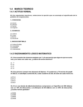 1.4 MARCO TEORICO
1.4.1 ACTITUD VERBAL
1.4.2 RAZONAMIENTO LOGICO MATEMATICO
 