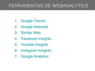 FERRAMENTAS DE WEBANALYTICS
1. Google Trends
2. Google Adwords
3. Similar Web
4. Facebook Insights
5. Youtube Insights
6. Instagram Insights
7. Google Analytics
 