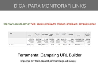 DICA: PARA MONITORAR LINKS
http://www.seusite.com.br/?utm_source=email&utm_medium=email&utm_campaign=email
Ferramenta: Campaing URL Builder
https://ga-dev-tools.appspot.com/campaign-url-builder/
 