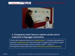 Istituto Comprensivo Statale di Motta S.Giovanni (RC)




             4. L’insegnante invita l’alunno a ripetere ad alta voce la
             traduzione in linguaggio matematico.
           L’invito dell’insegnante favorisce la verbalizzazione e – attraverso domande che
           inducono l’argomentazione come ad esempio ‘Ci spieghi come hai fatto a capire
           che la tessera si può tradurre anche in questo modo?’ – induce un
           coinvolgimento attivo della classe nella costruzione sociale della conoscenza.



26/03/13             A cura di Giancarlo Navarra (GREM, università di MO e RE) e Claudia Pirozzi (Motta S.Giovanni, RC)   6
 