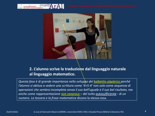 2. L’alunno scrive la traduzione dal linguaggio naturale
al linguaggio matematico.
Questa fase è di grande importanza nello sviluppo del balbettio algebrico perché
l’alunno si abitua a vedere una scrittura come ‘4+5-4’ non solo come sequenza di
operazioni che sembra incompleta senza il suo bell’uguale e il suo bel risultato, ma
anche come rappresentazione non canonica – del tutto autosufficiente - di un
numero. La tessera e la frase matematica dicono la stessa cosa.
25/07/2015 A cura di Giancarlo Navarra (GREM, università di MO e RE) e Claudia Pirozzi (Motta S.Giovanni, RC) 4
Istituto Comprensivo Statale di Motta S.Giovanni (RC)
 