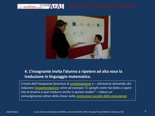 4. L’insegnante invita l’alunno a ripetere ad alta voce la
traduzione in linguaggio matematico.
L’invito dell’insegnante favorisce la verbalizzazione e – attraverso domande che
inducono l’argomentazione come ad esempio ‘Ci spieghi come hai fatto a capire
che la tessera si può tradurre anche in questo modo?’ – induce un
coinvolgimento attivo della classe nella costruzione sociale della conoscenza.
25/07/2015 A cura di Giancarlo Navarra (GREM, università di MO e RE) e Claudia Pirozzi (Motta S.Giovanni, RC) 6
Istituto Comprensivo Statale di Motta S.Giovanni (RC)
 