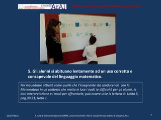 5. Gli alunni si abituano lentamente ad un uso corretto e
consapevole del linguaggio matematico.
Per inquadrare attività come quelle che l’insegnante sta conducendo con la
Matematòca in un contesto che metta in luce i nodi, le difficoltà per gli alunni, la
loro interpretazione e i modi per affrontarle, può essere utile la lettura di: Unità 5,
pag.30-31, Nota 1.
25/07/2015 A cura di Giancarlo Navarra (GREM, università di MO e RE) e Claudia Pirozzi (Motta S.Giovanni, RC) 7
Istituto Comprensivo Statale di Motta S.Giovanni (RC)
 