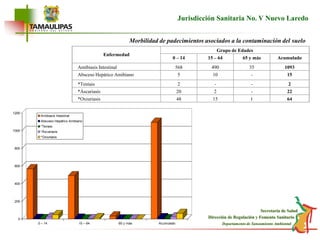 EnfermedadGrupo de Edades0 – 1415 – 6465 y másAcumuladoAmibiasis Intestinal568490351093Absceso Hepático Amibiano510-15*Teníais2--2*Áscariasís202-22*Oxiuriasis4815164Jurisdicción Sanitaria No. V Nuevo LaredoMorbilidad de padecimientos asociados a la contaminación del suelo