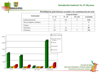 EnfermedadGrupo de Edades0 – 1415 – 6465 y másAcumuladoAmibiasis Intestinal1119930772126Absceso Hepático Amibiano32-5*Teníais2--2*Áscariasís7510-85*Oxiuriasis1831465334Jurisdicción Sanitaria No. IV ReynosaMorbilidad de padecimientos asociados a la contaminación del suelo