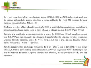 En el otro grupo de 65 años y más, las tasas son de 0.0321, 0.1030, y 4.3461, todas por cien mil para las mismas enfermedades excepto shigelosis y en una población de 15 mil 531 personas. Reynosa tiene una población total de 412 mil 544.Por lo que se refiere a Nuevo Laredo, en este año 2002, la morbilidad de padecimientos asociados a la contaminación del agua indica  como la fiebre tifoidea se sitúa en una tasa de 0.00147 por 100 mil.Respecto a la paratifoidea y otras salmonelosis, la tasa es del 0.0088 por 100 mil, shigelosis con una tasa de 0.0739 por cien mil, dentro de este grupo de agua la Infección Intestinal por otros organismos y las mal definidas tienen una tasa es del 7.4171 por cien mil, para el grupo de edad de cero a 14 años de una población de 101 mil 414 personas.Para los padecimientos, en el grupo poblacional de 15 a 64 años, la tasa es de 0.0642 por cien mil en tifoidea, 0.0300 en paratifoidea y otras salmonelosis, 0.0077 en shigelosis y 4.0276 también por cien mil de Infección Intestinal y aquellas diarreas mal definidas, en una población de 192 mil 965 habitantes.