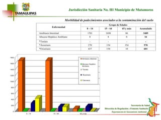 EnfermedadGrupo de Edades0 – 1415 – 6465 y másAcumuladoAmibiasis Intestinal17011698863485Absceso Hepático Amibiano88016*Teníais----*Áscariasís270154154578*Oxiuriasis43715410601Jurisdicción Sanitaria No. III Municipio de Matamoros Morbilidad de padecimientos asociados a la contaminación del suelo