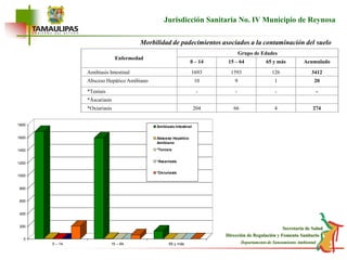 EnfermedadGrupo de Edades0 – 1415 – 6465 y másAcumuladoAmibiasis Intestinal169315931263412Absceso Hepático Amibiano109120*Teníais----*Áscariasís    *Oxiuriasis204664274Jurisdicción Sanitaria No. IV Municipio de ReynosaMorbilidad de padecimientos asociados a la contaminación del suelo