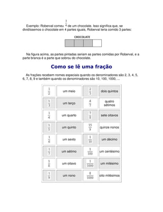 Exemplo: Roberval comeu de um chocolate. Isso significa que, se
dividíssemos o chocolate em 4 partes iguais, Roberval teria comido 3 partes:




  Na figura acima, as partes pintadas seriam as partes comidas por Roberval, e a
parte branca é a parte que sobrou do chocolate.




   As frações recebem nomes especiais quando os denominadores são 2, 3, 4, 5,
6, 7, 8, 9 e também quando os denominadores são 10, 100, 1000, ...


                            um meio                   dois quintos


                                                         quatro
                            um terço
                                                        sétimos


                           um quarto                  sete oitavos


                           um quinto                 quinze nonos


                           um sexto                    um décimo


                           um sétimo                 um centésimo


                           um oitavo                  um milésimo


                            um nono                  oito milésimos
 