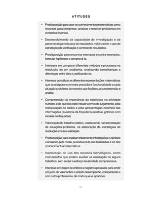 ATITUDES

• Predisposição para usar os conhecimentos matemáticos como
  recursos para interpretar, analisar e resolver problemas em
  contextos diversos.

• Desenvolvimento da capacidade de investigação e da
  perseverança na busca de resultados, valorizando o uso de
  estratégias de verificação e controle de resultados.

• Predisposição para encontrar exemplos e contra-exemplos,
  formular hipóteses e comprová-la.

• Interesse em comparar diferentes métodos e processos na
  resolução de um problema, analisando semelhanças e
  diferenças entre eles e justificando-os.

• Interesse por utilizar as diferentes representações matemáticas
  que se adaptam com mais precisão e funcionalidade a cada
  situação-problema de maneira que facilite sua compreensão e
  análise.

• Compreensão da importância da estatística na atividade
  humana e de que ela pode induzir a erros de julgamento, pela
  manipulação de dados e pela apresentação incorreta das
  informações (ausência da freqüência relativa, gráficos com
  escalas inadequadas).

• Valorização do trabalho coletivo, colaborando na interpretação
  de situações-problema, na elaboração de estratégias de
  resolução e na sua validação.

• Predisposição para analisar criticamente informações e opiniões
  veiculados pela mídia, suscetíveis de ser analisadas à luz dos
  conhecimentos matemáticos.

• Valorização do uso dos recursos tecnológicos, como
  instrumentos que podem auxiliar na realização de alguns
  trabalhos, sem anular o esforço da atividade compreensiva.

• Interesse em dispor de critérios e registros pessoais para emitir
  um juízo de valor sobre o próprio desempenho, comparando-o
  com o dos professores, de modo que se aprimore.


                                91
 