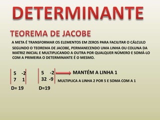 DETERMINANTETEOREMA DE JACOBEA META É TRANSFORMAR OS ELEMENTOS EM ZEROS PARA FACILITAR O CÁLCULOSEGUNDO O TEOREMA DE JACOBE, PERMANECENDO UMA LINHA OU COLUNA DA MATRIZ INICIAL E MULTIPLICANDO A OUTRA POR QUALQUER NÚMERO E SOMÁ-LOCOM A PRIMEIRA O DETERMINANTE É O MESMO. MANTÉM A LINHA 15     -232  -9-27     1MULTIPLICA A LINHA 2 POR 5 E SOMA COM A 1D= 19D=19