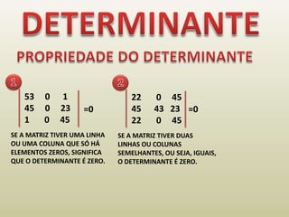 DETERMINANTEPROPRIEDADE DO DETERMINANTE1253     0      145     0     23    1       045     22       0     4545      43   23    22       045     =0=0SE A MATRIZ TIVER UMA LINHA OU UMA COLUNA QUE SÓ HÁ ELEMENTOS ZEROS, SIGNIFICA QUE O DETERMINANTE É ZERO.SE A MATRIZ TIVER DUAS LINHAS OU COLUNAS SEMELHANTES, OU SEJA, IGUAIS, O DETERMINANTE É ZERO. 