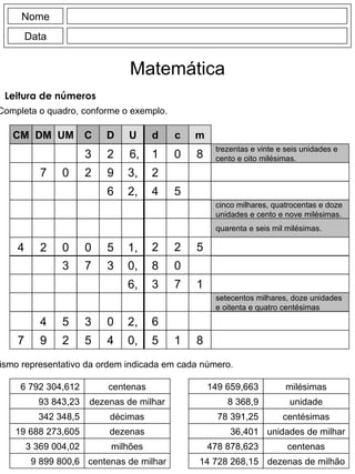 Nome Data Matemática Leitura de números <ul><li>Completa o quadro, conforme o exemplo. </li></ul>d c m 1 2 4 0 5 8 2 2 5 C...
