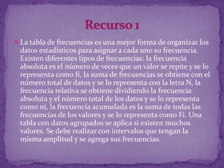  La tabla de frecuencias es una mejor forma de organizar los
  datos estadísticos para asignar a cada uno su frecuencia.
  Existen diferentes tipos de frecuencias: la frecuencia
  absoluta es el número de veces que un valor se repite y se lo
  representa como fi, la suma de frecuencias se obtiene con el
  número total de datos y se lo representa con la letra N, la
  frecuencia relativa se obtiene dividiendo la frecuencia
  absoluta y el número total de los datos y se lo representa
  como ni, la frecuencia acumulada es la suma de todas las
  frecuencias de los valores y se lo representa como Fi. Una
  tabla con datos agrupados se aplica si existen muchos
  valores. Se debe realizar con intervalos que tengan la
  misma amplitud y se agrega sus frecuencias.
 