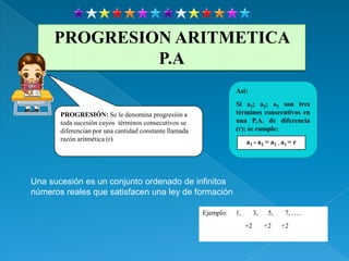 PROGRESION ARITMETICA
              P.A


       PROGRESIÓN: Se le denomina progresión a
       toda sucesión cuyos términos consecutivos se
       diferencian por una cantidad constante llamada
       razón aritmética (r)                                             a3 - a2 = a2 – a1 = r




Una sucesión es un conjunto ordenado de infinitos
números reales que satisfacen una ley de formación

                                                        Ejemplo:   1,        3,    5,    7, …..
                                                                        +2        +2    +2
 