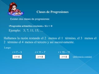 Clases de Progresiones

     Existen dos clases de progresiones:

   •Progresión aritmética creciente.- Si r > 0
   Ejemplo: 3; 7; 11; 15; …

Hallamos la razón restando el 2 menos el 1 término, el 3 menos el
2 término el 4 menos el tercero y asì sucesivamente.
Luego:
         r=7–3              r = 11 – 7           r = 15 – 11
          r=4                  r=4                  r=4        (diferencia común)
 