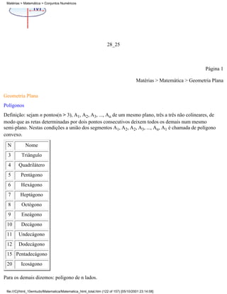 Matérias > Matemática > Conjuntos Numéricos




                                                                  28_25



                                                                                                                    Página 1

                                                                                     Matérias > Matemática > Geometria Plana

Geometria Plana
Polígonos
Definição: sejam n pontos(n > 3), A1, A2, A3, ..., An de um mesmo plano, três a três não colineares, de
modo que as retas determinadas por dois pontos consecutivos deixem todos os demais num mesmo
semi-plano. Nestas condições a união dos segmentos A1, A2, A2, A3, ..., An, A1 é chamada de polígono
convexo.

 N           Nome
  3       Triângulo
  4     Quadrilátero
  5       Pentágono
  6       Hexágono
  7      Heptágono
  8       Octógono
  9       Eneágono
 10       Decágono
 11     Undecágono
 12     Dodecágono
 15 Pentadecágono
 20       Icoságono

Para os demais dizemos: polígono de n lados.

 file:///C|/html_10emtudo/Matematica/Matematica_html_total.htm (122 of 157) [05/10/2001 23:14:08]
 