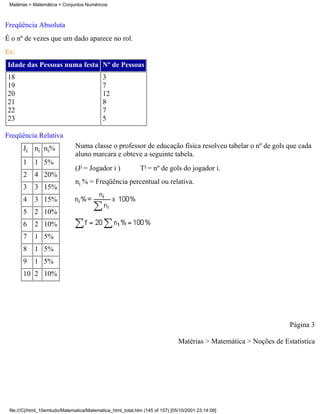 Matérias > Matemática > Conjuntos Numéricos



Freqüência Absoluta
É o nº de vezes que um dado aparece no rol.
Ex:
Idade das Pessoas numa festa Nº de Pessoas
18                                          3
19                                          7
20                                          12
21                                          8
22                                          7
23                                          5

Freqüência Relativa
       Ji ni ni%               Numa classe o professor de educação física resolveu tabelar o nº de gols que cada
                               aluno marcara e obteve a seguinte tabela.
       1    1 5%
                               (Ji = Jogador i )             Ti = nº de gols do jogador i.
       2    4 20%
                               ni % = Freqüência percentual ou relativa.
       3    3 15%
       4    3 15%
       5    2 10%
       6    2 10%
       7    1 5%
       8    1 5%
       9    1 5%
       10 2 10%




                                                                                                                   Página 3

                                                                               Matérias > Matemática > Noções de Estatística




 file:///C|/html_10emtudo/Matematica/Matematica_html_total.htm (145 of 157) [05/10/2001 23:14:09]
 