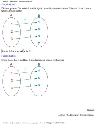 Matérias > Matemática > Conjuntos Numéricos

Função Injetora
Dizemos que uma função f de A em B é injetora se quaisquer dois elementos diferentes do seu domínio
têm imagens diferentes.




Função Bijetora
É toda função f de A em B que é simultaneamente injetora e sobrejetora.




                                                                                                                    Página 8

                                                                                     Matérias > Matemática > Tipos de Função


 file:///C|/html_10emtudo/Matematica/Matematica_html_total.htm (40 of 157) [05/10/2001 23:14:04]
 