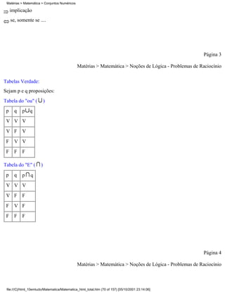 Matérias > Matemática > Conjuntos Numéricos

     implicação
     se, somente se ....




                                                                                                        Página 3

                                               Matérias > Matemática > Noções de Lógica - Problemas de Raciocínio

Tabelas Verdade:
Sejam p e q proposições:
Tabela do "ou" (           )
 p     q   p q
 V V V
 V F       V
 F     V V
 F     F   F

Tabela do "E" (        )
 p     q   p    q
 V V V
 V F       F

 F     V F
 F     F   F




                                                                                                        Página 4

                                               Matérias > Matemática > Noções de Lógica - Problemas de Raciocínio



 file:///C|/html_10emtudo/Matematica/Matematica_html_total.htm (70 of 157) [05/10/2001 23:14:06]
 