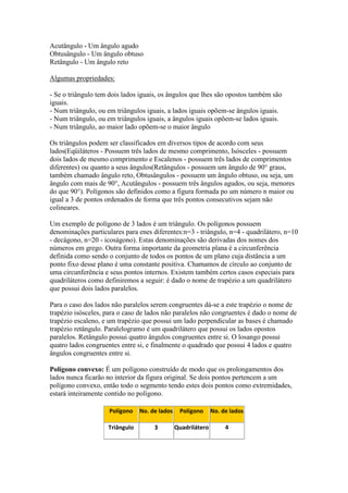 Acutângulo - Um ângulo agudo
Obtusângulo - Um ângulo obtuso
Retângulo - Um ângulo reto

Algumas propriedades:

- Se o triângulo tem dois lados iguais, os ângulos que lhes são opostos também são
iguais.
- Num triângulo, ou em triângulos iguais, a lados iguais opõem-se ângulos iguais.
- Num triângulo, ou em triângulos iguais, a ângulos iguais opõem-se lados iguais.
- Num triângulo, ao maior lado opõem-se o maior ângulo

Os triângulos podem ser classificados em diversos tipos de acordo com seus
lados(Eqüiláteros - Possuem três lados de mesmo comprimento, Isósceles - possuem
dois lados de mesmo comprimento e Escalenos - possuem três lados de comprimentos
diferentes) ou quanto a seus ângulos(Retângulos - possuem um ângulo de 90° graus,
também chamado ângulo reto, Obtusângulos - possuem um ângulo obtuso, ou seja, um
ângulo com mais de 90°, Acutângulos - possuem três ângulos agudos, ou seja, menores
do que 90°). Polígonos são definidos como a figura formada po um número n maior ou
igual a 3 de pontos ordenados de forma que três pontos consecutivos sejam não
colineares.

Um exemplo de polígono de 3 lados é um triângulo. Os polígonos possuem
denominações particulares para enes diferentes:n=3 - triângulo, n=4 - quadrilátero, n=10
- decágono, n=20 - icoságono). Estas denominações são derivadas dos nomes dos
números em grego. Outra forma importante da geometria plana é a circunferência
definida como sendo o conjunto de todos os pontos de um plano cuja distância a um
ponto fixo desse plano é uma constante positiva. Chamamos de círculo ao conjunto de
uma circunferência e seus pontos internos. Existem também certos casos especiais para
quadriláteros como definiremos a seguir: é dado o nome de trapézio a um quadrilátero
que possui dois lados paralelos.

Para o caso dos lados não paralelos serem congruentes dá-se a este trapézio o nome de
trapézio isósceles, para o caso de lados não paralelos não congruentes é dado o nome de
trapézio escaleno, e um trapézio que possui um lado perpendicular as bases é chamado
trapézio retângulo. Paralelogramo é um quadrilátero que possui os lados opostos
paralelos. Retângulo possui quatro ângulos congruentes entre si. O losango possui
quatro lados congruentes entre si, e finalmente o quadrado que possui 4 lados e quatro
ângulos congruentes entre si.

Polígono convexo: É um polígono construído de modo que os prolongamentos dos
lados nunca ficarão no interior da figura original. Se dois pontos pertencem a um
polígono convexo, então todo o segmento tendo estes dois pontos como extremidades,
estará inteiramente contido no polígono.

                     Polígono   No. de lados    Polígono      No. de lados

                    Triângulo        3         Quadrilátero        4
 