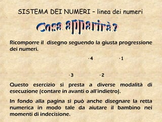 SISTEMA DEI NUMERI – linea dei numeri
Ricomporre il disegno seguendo la giusta progressione
dei numeri.
·4 ·1
·3 ·2
Questo esercizio si presta a diverse modalità di
esecuzione (contare in avanti o all’indietro).
In fondo alla pagina si può anche disegnare la retta
numerica in modo tale da aiutare il bambino nei
momenti di indecisione.
 
