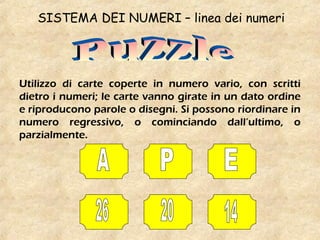 SISTEMA DEI NUMERI – linea dei numeri
Utilizzo di carte coperte in numero vario, con scritti
dietro i numeri; le carte vanno girate in un dato ordine
e riproducono parole o disegni. Si possono riordinare in
numero regressivo, o cominciando dall’ultimo, o
parzialmente.
 