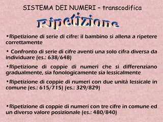 SISTEMA DEI NUMERI – transcodifica
•Ripetizione di serie di cifre: il bambino si allena a ripetere
correttamente
• Confronto di serie di cifre aventi una solo cifra diversa da
individuare (es.: 638/648)
•Ripetizione di coppie di numeri che si differenziano
gradualmente, sia fonologicamente sia lessicalmente
•Ripetizione di coppie di numeri con due unità lessicale in
comune (es.: 615/715) (es.: 329/829)
•Ripetizione di coppie di numeri con tre cifre in comune ed
un diverso valore posizionale (es.: 480/840)
 