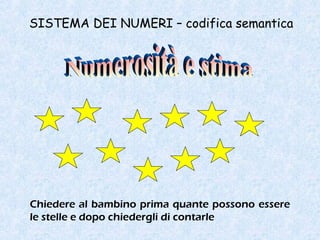 SISTEMA DEI NUMERI – codifica semantica
Chiedere al bambino prima quante possono essere
le stelle e dopo chiedergli di contarle
 
