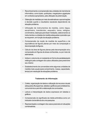 74
• Reconhecimentoecompreensãodasunidadesdememóriada
informática, como bytes, quilobytes, megabytes e gigabytes
em contextos apropriados, pela utilização da potenciação.
• Obtençãodemedidaspormeiodeestimativaseaproximações
e decisão quanto a resultados razoáveis dependendo da
situação-problema.
• Utilização de instrumentos de medida, como régua,
escalímetro, transferidor, esquadro, trena, relógios,
cronômetros, balanças para fazer medições, selecionando os
instrumentoseunidadesdemedidaadequadasàprecisãoque
se requerem, em função da situação-problema.
• Compreensão da noção de medida de superfície e de
equivalência de figuras planas por meio da composição e
decomposiçãodefiguras.
• Cálculo da área de figuras planas pela decomposição e/ou
composição em figuras de áreas conhecidas, ou por meio de
estimativas.
• Indicar o volume de um recipiente em forma de paralelepípedo
retângulo pela contagem de cubos utilizados para preencher
seu interior.
• Estabelecimento de conversões entre algumas unidades de
medida mais usuais (para comprimento, massa, capacidade,
tempo) em resolução de situações-problema.
Tratamento da Informação
• Coleta, organização de dados e utilização de recursos visuais
adequados(fluxogramas,tabelasegráficos)parasintetizá-los,
comunicá-los e permitir a elaboração de conclusões.
• Leitura e interpretação de dados expressos em tabelas e
gráficos.
• Compreensão do significado da média aritmética como um
indicador da tendência de uma pesquisa.
• Representação e contagemdos casos possíveis emsituações
combinatórias.
 