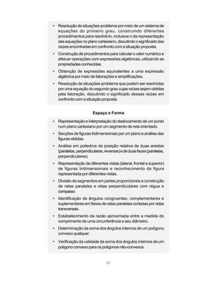 88
• Resolução de situações-problema por meio de um sistema de
equações do primeiro grau, construindo diferentes
procedimentos para resolvê-lo, inclusive o da representação
dasequaçõesnoplanocartesiano,discutindoosignificadodas
raízesencontradasemconfrontocomasituaçãoproposta.
• Construção de procedimentos paracalcularovalornuméricoe
efetuar operações com expressões algébricas, utilizando as
propriedadesconhecidas.
• Obtenção de expressões equivalentes a uma expressão
algébrica por meio de fatorações e simplificações.
• Resolução de situações-problema que podem ser resolvidas
por uma equação do segundo grau cujas raízes sejam obtidas
pela fatoração, discutindo o significado dessas raízes em
confronto com a situação proposta.
Espaço e Forma
• Representação e interpretação do deslocamento de um ponto
num plano cartesiano por um segmento de reta orientado.
• Secções de figuras tridimensionais por um plano e análise das
figuras obtidas.
• Análise em poliedros da posição relativa de duas arestas
(paralelas,perpendiculares,reversas)ededuasfaces(paralelas,
perpendiculares).
• Representação de diferentes vistas (lateral, frontal e superior)
de figuras tridimensionais e reconhecimento da figura
representada por diferentes vistas.
• Divisão de segmentos em partes proporcionais e construção
de retas paralelas e retas perpendiculares com régua e
compasso.
• Identificação de ângulos congruentes, complementares e
suplementares em feixes de retas paralelas cortadas por retas
transversais.
• Estabelecimento da razão aproximada entre a medida do
comprimento de uma circunferência e seu diâmetro.
• Determinação da soma dos ângulos internos de um polígono
convexo qualquer.
• Verificação da validade da soma dos ângulos internos de um
polígonoconvexoparaospolígonosnão-convexos.
 