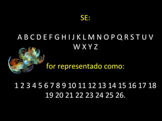 SE:
ABCDEFGHIJKLMNOPQRSTUV
WXYZ
for representado como:
1 2 3 4 5 6 7 8 9 10 11 12 13 14 15 16 17 18
19 20 21 22 23 24 25 26.

 