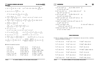 35 36COLEGIO DE CIENCIAS LORD KELVIN 2do Año Secundaria MATEMÁTICA 2do Año
Secundaria
1) 291x5;8
2
x
1x2 =−+=− 11) x
x13
40
);15x(2x1510x2
=
−
+−=+
2) x
2
1xx
;2x71x4 =
+
−=+ 12)
3x
1
x9
3x
1
)1x(x;09x2
+
+−=
+
+−=−
3) 01
4x
1
;
8
1x5
2
1x
=+
−
+
=
+
13) 0)x2)(x2x(;0)4x(x 22
=−+=−
4)
9
1
2x
2x
;0
5
1x4
4
1x5
=
−
+
=
+
+
+
14) 0)2x)(1x(;
2
5
1x
x
x
1x
=+−=
+
+
+
5)
7
3
2x
2x
;9
4x
4x
=
+
−
=
−
+
15)
1x
5
3x
4
2x
3
1x
;4
1x
x
1x
x3
+=
+
+
+
+
+
=
−
+
+
6) 9x;x3x3 22
== 16)
2222
x2)1x(x)1x(x;)1x)(3x()1x( ++=+−+=+
7)
x1
4
5
x
;20xx2
+
==+ 17)
1x
1
1
1x
1
x;
x
1
1
x
1
x 33
−
+=
−
++=+
8) xx;0)1x(x 2
−==+ 18) 02)1x(x;x2x =−−=+
9) 2
1x
1x
1x
1x
;2
1x
x
x
1x
=
+
−
+
−
+
=
+
+
+
19) x816x;5x5x 2
=+=++
10) 8)5x3(x;
3
4
x
2x
x
=+=+
+
20)
4
5
51x14;
2
5
2x
1x2
1x2
2x
=+=
+
−
+
−
+
II. Resolver las siguientes ecuaciones:
1) 0xx2
=− 14) 09x4 2
=− 27) 0x3x5 2
=+
2) 016x2
=− 15) 0x9x4 2
=− 28) 09x25 2
=−
3) 16x2
= 16) 050x2 2
=+ 29) x100x300x3 2
=+
4) 0x5x2
=− 17) 0x50x2 2
=+ 30) 4050x20 2
=−
5) 24x1x2 22
+=− 18) 0x24x3 2
= 31) 22
x241x33 =−
6) xx5x8x3 22
−= 19) 024x3 2
=+ 32) 49x24x49 22
+=
7) )1x(5x2x 22
+=+ 20) 5)2x)(2x( =−+ 33)
222
x9)1x(x2x −+=+
8) )xx(7x5x3 22
+=+ 21) 2
x)1x3)(1x3( =+− 34)
)x1)(x1()1x5( 2
−+=+
9) )3x(39x2 22
+=+ 22) 2xx)1x5( +=+ 35)
)x22)(x22()2x3( 2
−+=+
10) )2x(5)1x(2 22
−=+ 23) )x9()3x2( 2
+=+ 36)
0)3x()1x3( 22
=+−+
11) )1x4(3)1x2(5 22
+=+ 24) )1x2()1x3( 2
+=+ 37)
0)1ax()ax( 22
=+−+
12) )x4x3(2)xx(7 22
+=+ 25) )1x5(4)2x5( 2
+=+
38) 0)bax()abx( 22
=−++
13) )xx(5)1x(x6 2
+=+ 26) x125)2x3( 2
−=− 39)
222
)x5()x51()x5( =+++
TAREA DOMICILIARIA
I. Dadas las siguientes ecuaciones, calcular el discriminante de cada una de ellas y resolverlas
empleando la FÓRMULA GENERAL.
1) 02x5x2
=++ 11) 01x2x3 2
=−+ 21) 02x10x25 2
=+−
2) 05x7x2
=++ 12) 01x3x2 2
=++ 22) 036x36x36 2
=++
3) 01x4x2
=−+ 13) 01x3x2 2
=−+ 23) 09x9x9 2
=+−
4) 09x8x2
=++ 14) 05x7x3 2
=++ 24) 0100x200x100 2
=++
5) 02xx2
=−+ 15) 09x12x4 2
=++ 25) 02x7x5 2
=+−
6) 02x6x2
=++ 16) 016x8x2
=+− 26) 027x28x3 2
=+−
7) 01x9x2 2
=++ 17) 03x6x3 2
=+− 27) 015x10x5 2
=−+
S2MA33B “El nuevo símbolo de una buena educación...” S2MA33B “El nuevo símbolo de una buena educación...”
 