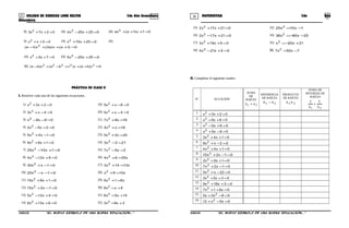 35 36COLEGIO DE CIENCIAS LORD KELVIN 2do Año Secundaria MATEMÁTICA 2do Año
Secundaria
8) 02x7x3 2
=++ 18) 025x20x4 2
=+− 28) 01x)1a(ax2
=+++
9) 05xx2
=++ 19) 025x10x2
=++ 29)
0)1a(x)a2(x)1a( 2
=+++−
10) 07x5x2
=++ 20) 020x20x5 2
=+−
30) 0c)ba(x)cba(x)ba( 22222
=+++−+−
PRÁCTICA DE CLASE II
I. Resolver cada una de las siguientes ecuaciones.
1) 02x3x2
=++ 19) 06xx5 2
=−+
2) 04xx3 2
=−+ 20) 04xx5 2
=−+
3) 09x8x2
=−− 21) 16x8x7 2
=+
4) 02x5x2 2
=+− 22) 18xx4 2
=+
5) 01x4x5 2
=−+ 23) 24x2x5 2
=+
6) 01x6x9 2
=++ 24) 212x3 2
=−
7) 01x10x25 2
=+− 25) 2x5x7 2
=−
8) 09x12x4 2
=+− 26) x256x4 2
=+
9) 01xx30 2
=−+ 27) x1314x3 2
=+
10) 01xx20 2
=−− 28) x109x2
=+
11) 01x8x15 2
=++ 29) x61x5 2
=+
12) 01x2x15 2
=−+ 30) 8xx9 2
+=
13) 04x12x5 2
=+− 31) 14x5x6 2
+=
14) 06x13x6 2
=++ 32) 3x8x3 2
+=
15) 021x17x2 2
=++ 33) 1x10x25 2
−=
16) 021x17x2 2
=+− 34) 25x60x36 2
−−=
17) 06x19x3 2
=++ 35) 21x20x2
+−=
18) 05x21x4 2
=+− 36) 7x50x7 2
−=
II. Completar el siguiente cuadro:
N° ECUACIÓN
SUMA
DE
RAÍCES
21 xx +
DIFERENCIA
DE RAÍCES
21 xx −
PRODUCTO
DE RAÍCES
21xx
SUMA DE
INVERSAS DE
RAÍCES
21 x
1
x
1
+
1 02x3x2
=++
2 08x9x2
=++
3 06x5x2
=+−
4 06x5x2
=−+
5 01x4x3 2
=++
6 02xx6 2
=−+
7 01x4x4 2
=++
8 01x2x15 2
=−+
9 01x5x2 2
=++
10 01x2x7 2
=−+
11 022xx5 2
=−+
12 03x5x3 2
=++
13 03x18x9 2
=++
14 0x81x7 2
=++
15 08x3x5 2
=−+
16 0x5x12 2
=−+
S2MA33B “El nuevo símbolo de una buena educación...” S2MA33B “El nuevo símbolo de una buena educación...”
 