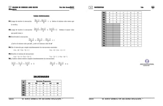 35 36COLEGIO DE CIENCIAS LORD KELVIN 2do Año Secundaria MATEMÁTICA 2do Año
Secundaria
TAREA DOMICILIARIA
01.Luego de resolver la inecuación: x
9
1x4
5
1x3
>
+
+
−
Indicar el mínimo valor entero que
la verifica.
02.Luego de resolver la inecuación: 2
6
11x
2
1x5
3
1x2
+
+
≤
+
+
+
Señalar el mayor valor
que puede tomar x.
03.Resolviendo la inecuación:
7
1x4
5
1x3
9
1x5 −
−
−
+
−
≤ 1
¿Cuál es el mínimo valor para x?, ¿cuál es el máximo valor de x?
04.Dar el intervalo que cumple simultáneamente las inecuaciones mostradas:
2 (x – 4) + 3 (x – 5) ≤ 2 3 (x – 2) + 2 (x – 1) ≥ 2
05.Resolver el sistema de inecuaciones:
5 (x + 1) + 3 < 4 (x + 3) + 5 7 (x – 2) + 1 ≤ 9 (x – 6) + 1
06.¿Cuántos valores enteros cumplen simultáneamente las inecuaciones:
3
6
3x
2
1x
4
1x
≥
+
+
−
+
+
x
8
1x3
4
1x2
≥
−
+
−
SOLUCIONARIO
N°
Ejercicios Propuestos
01 02 03 04 05
01. A D A D C
02. D B C C A
03. C D A C B
04. B E B B C
05. E C B A B
06. A B C A D
07. D D D E E
08. E E B D A
09. B A A B C
10. D B B A C
11. B B C
12. A C B
13. B E D
14. C B A
15. E B C
16. D C A
17. E D B
18. B B C
19. E C C
20. B A A
GRUPO EDUCATIVO INTEGRAL
copyright 2003
S2MA33B “El nuevo símbolo de una buena educación...” S2MA33B “El nuevo símbolo de una buena educación...”
 
