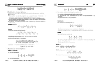 35 36COLEGIO DE CIENCIAS LORD KELVIN 2do Año Secundaria MATEMÁTICA 2do Año
Secundaria
)x()x(
)yz()yx(
)x)(x(
)zy)(yx(
−+
−−
=
−+
−−
1313
4. Simplificación de Fracciones Algebraicas.
Simplificar una fracción algebraica es transformarla a otra fracción equivalente e irreductible.
Observaciones:
* Para simplificar una fracción, lo primero que se hace es factorizar el numerador y el
denominador, después de lo cual se eliminan (simplifican) los factores comunes.
* Los factores comunes a simplificarse nos muestran el M.C.D. de los términos de la fracción.
* Dos fracciones son equivalentes por que presentan el mismo valor numérico, para un conjunto
de valores admitidos por la(s) variable(s)
* Una fracción se considera irreductible cuando sus términos son expresiones algebraicas
primas entre sí.
Ejemplo. Simplificar:
)xx)(xx)(x(
)x)(xx)(xx(
4473081
699220
222
22
−−−+−
+−−−−
Solución
Factoricemos todas las expresiones posibles:
)x)(x)(x)(x)(x)(x(
)x)(x)(x)(x)(x(
4115699
691145
+−−+−+
++−+−
Efectuamos las simplificaciones: M.C.D. = (x-5) (x-11) (x+4) (x+9) (x+6)
Por tanto la fracción original es equivalente a :
9
1
4473081
699220
222
22
−
≡
−−−+−
+−−−−
x)xx)(xx)(x(
)x)(xx)(xx(
¡Importante!. Las Fracciones equivalentes tienen el mismo valor sí:
x ∈ R = {5 ; 11 ; -4 ; -9 ; -6 ; 9}
5. Operaciones con Fracciones Algebraicas.
Adición y Sustracción
a) Fracciones homogéneas.
D
CBA
D
C
D
B
D
A ±±
=±±
b) Fracciones Heterogéneas.
BDF
EBDCBFADF
F
E
D
C
B
A ±±
=±±
• Para sumar y/o restar fracciones heterogéneas se procede así:
– Se factorizan los denominadores de cada una de las fracciones.
– Se halla el M.C.M. de los denominadores, es decir, se da un común denominador a las
fracciones.
– Se efectúan operaciones y luego se simplifican.
Multiplicación
Para multiplicar fracciones se procede así:
FDB
ECA
F
E
D
C
B
A
××
××
=××
– Verificar si existen factores comunes en los términos de la fracción
– Realizadas las simplificaciones se multiplican lo que queda del numerador y denominador.
División
Para dividir fracciones se procede así:
CB
DA
C
D
B
A
D
C
B
A
×
×
=×=÷
– Se invierte la fracción que hace de divisor y el operador de la división es cambiado por el
operador de la multiplicación.
– Luego se procede como en el caso anterior.
Ejemplo 1.
Efectuar.
22
22
22 yx
y
)yx(
yx
)yx(
yx
−
+
+
−
−
−
+
Solución. Factorizando los denominadores tenemos:
22
22
22 yx
y
)yx(
yx
)yx(
yx
−
+
+
−
−
−
+
Dando común denominador tenemos:
)yx)(yx(
y)yx()yx(
−+
+−−+
2
4 222
S2MA33B “El nuevo símbolo de una buena educación...” S2MA33B “El nuevo símbolo de una buena educación...”
 