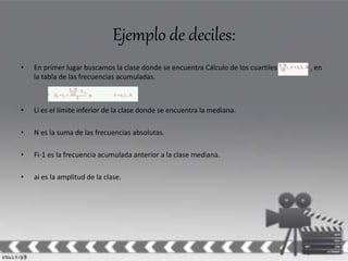 Ejemplo de deciles: 
• En primer lugar buscamos la clase donde se encuentra Cálculo de los cuartiles , en 
la tabla de las frecuencias acumuladas. 
• Li es el límite inferior de la clase donde se encuentra la mediana. 
• N es la suma de las frecuencias absolutas. 
• Fi-1 es la frecuencia acumulada anterior a la clase mediana. 
• ai es la amplitud de la clase. 
 