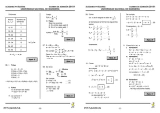 ACADEMIA PITÁGORAS EXAMEN DE ADMISIÓN 2015-I
UNIVERSIDAD NACIONAL DE INGENIERÍA
- 11 -
Entonces:
Ahorro
[Li; Ls>
Número de
semanas
fi
4; 10 1
10; 16 3
16; 22 6
22; 28 12
28; 34 12  F5=34
34; 40 4
40; 46 2
 A + F5 - 1 = 39
Rpta. E
06. I. Falso
A  B  C  D
P(DA) = P(D) - P(A)
P(DA) + P(A) = P(D)
P(CA)  0
P(BA)  0
| P(D A) + P(C A) + P(BA) + P(A) P(D)
II. Falso
: se lanzan dos dados
 n() = 6 × 6 = 36
A : La suma es 7
 n(A) = 6
Luego:
P(A) = =
6
36
1
6
III. Falso
Sean los eventos:
A: En el 2do dado salió 3
B: En el 1er dado salió 1
P(A/B) = = =
P(AB)
P(B)
1
36
6
36
1
6
Rpta. E
07. K = (4) = (5)ab cd
a + b + c + d = 11
Se cumple:
Para: K = 14 = 32(4) = 24(5)
Obs: a + b + c + d = 3 + 2 + 2 + 4 = 11
 K = 14
Rpta. A
08. Se tiene:
Se cumple:
D = 50q + 15 ..... (1)
D - x = 50(q-13) + 49 ..... (2)
Restando (1) - (2):
x = 15 + 650 - 49
 x = 616
Rpta. C
ACADEMIA PITÁGORAS EXAMEN DE ADMISIÓN 2015-I
UNIVERSIDAD NACIONAL DE INGENIERÍA
- 12 -
09. Como:
(m; n) se le asigna el valor de
1
2mn
al reemplazar se forman las siguientes
series:
S1 =
1
22

1
23

1
24
.... 
1
2
S2 =
1
24

1
25

1
26
 .... 
1
8
S3 =
1
26

1
27

1
28
 .... 
1
32

finalmente:
S = S1 + S2 + S3 + .... =
1
2
1
1
4

2
3
Rpta. B
10. Como:
|x1||x2| < 2
se cumple:
|x+1| - |x-2|  0  2  0  |x+1|-|x-2|<4
I. |x + 1|
2
 |x - 2|
2
x
2
+2x+1x
2
-4x+4  ... (α)x 
1
2
II. 2  0  .... (β)x  
III. |x + 1| - |x - 2| < 4
es equivalente “a”:
|x + 1| - |2 - x | < 4
Se cumple:
|x + 1| - |2 - x|  |x + 1 + 2 - x|
|x + 1| - |2 - x|  3
 |x + 1| - |2 - x| < 4 .... (θ) x  
Finalmente α  β  θ
C.S =
1
2
; 
 S 
1
3
; 
Rpta. B
11. Como f(x) = |x| - x
I. Verdadero
f(x + y)  f(x) + f(y);  x; y  
|x + y| - x - y  |x| - x + |y| - y
 |x + y|  |x| + |y|
II. Verdadero
x
2
- 2x - 3 = |x| - x
|x| = x
2
- x - 3
x = x
2
- x - 3  x = -x
2
+ x + 3
0 = (x  3)(x + 1)  0 = (x + )(x )3 3
x = 3  x = -1  x = -  x =3 3
no cumplen x = -1; x = 3
C.S = {3; - }3
III. Verdadero
x
2
- 3x + 5 = |x| - x
|x| = x
2
- 2x + 5
∆ = (-2)
2
- 4(1)(5)  ∆ < 0
 No hay soluciones reales.
Rpta. C
-10- -11-
 