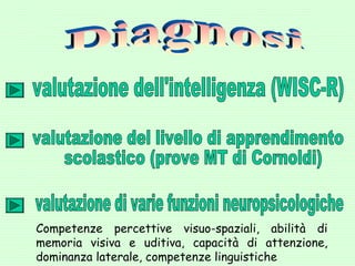 Competenze percettive visuo-spaziali, abilità di
memoria visiva e uditiva, capacità di attenzione,
dominanza laterale, competenze linguistiche
 