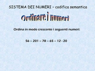 SISTEMA DEI NUMERI – codifica semantica
Ordina in modo crescente i seguenti numeri:
56 – 201 – 78 – 65 – 12 - 20
 