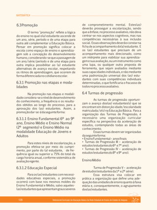 MATEMÁTICA
Referencial Curricular da Educação Básica da Rede Estadual de Ensino do Estado de Alagoas128
6.3Promoção
O termo "promoção" reflete a lógica
do ensino no qual o(a) estudante ascende de
um ano, série, período e de uma etapa para
outra até complementar a Educação Básica.
Pensar em promoção significa colocar a
escola como espaço de ensino e aprendiza­
gem sob a concepção do desenvolvimento
humano,considerando­sequeapassagemde
um ano/série/período e de uma etapa para
outra implica possibilitar ao (a) estudante
alternativas de avanço escolar, respeitando
os ritmos de aprendizagem, que ocorrem de
formadiferenciadanocotidianoescolar.
6.3.1 Promoção nas etapas e moda­
lidades
Na promoção nas etapas e modali­
dadeconsidera­seoníveldedesenvolvimento
do conhecimento, a frequência e os resulta­
dos obtidos ao longo do processo, para a
aprovação dos (as) estudantes. Assim, a
promoçãodar­se­ádaseguinteforma:
6.3.1.1 Ensino Fundamental 6º ao 9º
ano, Ensino Médio e Ensino Normal
(2º segmento) e Ensino Médio na
modalidade Educação de Jovens e
Adultos
Para estes níveis de escolarização, a
promoção efetiva­se por meio do cumpri­
mento, por parte do (a) estudante, de fre­
quência igual ou superior a 75% do total da
carga horária anual, conforme sistemática de
avaliaçãovigente.
6.3.1.2 Educação Especial
Paraos(as)estudantescomnecessi­
dades educativas especiais, a promoção
ocorrerá com base nos mesmos moldes do
Ensino Fundamental e Médio, salvo aqueles­
(as)estudantesqueapresentamgrausseveros
de comprometimento mental. Estes(as)
deverão prosseguir a escolarização, sendo
queaênfase,noprocessoavaliativo,nãodeva
centrar­se nos aspectos cognitivos, mas nas
competências necessárias à sua inclusão
social. Essasobservaçõesdeverãoconstarna
fichadeacompanhamentodo(a)estudante. E
os (as) estudantes que precisam de um
acompanhamento mais direcionado, como
um intérprete para viabilizar sua aprendiza­
gemesuaavaliação,ouuminstrumentocomo
uma lupa, ou qualquer outra proposta de
ferramenta, que sejam avaliados mediante
suas capacidades individuais, e não mediante
uma padronização universal dos (as) estu­
dantes com suas competências individuais
determinadas, o que fortificaria o fracasso de
todosnoprocessoavaliativo.
6.4 Turmas de progressão
As turmas de progressão oportuni­
zam o avanço dos(as) estudantes(s) que se
encontram em distorção idade/escolaridade
matriculada/o(s) na Educação Básica. Para a
organização das Turmas de Progressão, é
necessário uma organização curricular
específica na perspectiva da aceleração de
estudos, contemplando todas as áreas de
conhecimento.
Essas turmas devem ser organizadas
daseguinteforma:
• EnsinoFundamental– anosfinais
• Turmas de Progressão III – aceleração de
estudos(estudantesdo6º e7º ano);
• Turmas de Progressão IV – aceleração de
estudos(estudantesdo8º e9º ano).
EnsinoMédio
Turma de Progressão V – aceleração
deestudos(estudantesda1ª e2ª série).
Essa estrutura visa colocar em
prática a organização que define uma ade­
quaçãodasunidadesdeensinoquantoàfaixa
etária e, consequentemente, o agrupamento
dos(as)estudantes.
 