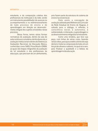 MATEMÁTICA
Referencial Curricular da Educação Básica da Rede Estadual de Ensino do Estado de Alagoas132
estudante, e da composição coletiva dos
profissionais da instituição e da rede, sendo
um instrumento possibilitador de avanços no
acompanhamento e no redimensionamento
de todo processo de ensino e de
aprendizagem em direção ao desenvolvi­
mento integral dos sujeitos envolvidos nesse
processo.
Dessa forma, temos várias formas
normativas de avaliação, dentro da sala de
aulacontínuaecumulativa,dentrodaescola,a
avaliação institucional e dentro do Sistema as
Avaliações Nacionais da Educação Básica,
conhecidas como SAEB, Prova Brasil e ENEM,
as quais são etapas integrantes da avaliação
do (a) estudante e dos profissionais da
educação, que precisam de um alinhamento,
pois fazem parte da estrutura do sistema de
ensinonacionalelocal.
Visto assim, a concepção de
avaliaçãoadotadapeloReferencialCurricular
da Rede Estadual de Ensino de Alagoas, é
voltada para o diálogo, à reflexão, à
consciência social, à autonomia, à
solidariedade, à interação, à aprendizagem e
aodesenvolvimentointegraldo(a)estudante.
Como uma rendeira, que tece sua
peça, com linhas de várias cores, fazendo
váriasvoltas,paraqueaestéticadotecidoseja
demons­tradanacomposiçãodotodo,emum
lençol de olhares e saberes, no qual vai e vem,
para finalizar a qualidade e a beleza da
aprendizagemedaeducação.
 