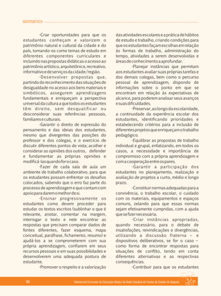 MATEMÁTICA
Referencial Curricular da Educação Básica da Rede Estadual de Ensino do Estado de Alagoas66
­Criar oportunidades para que os
estudantes conheçam e valorizem o
patrimônio natural e cultural da cidade e do
país, tomando­os como temas de estudo em
diferentes componentes curriculares e
incluindonaspropostasdidáticasoacessoao
patrimônioartístico,arquitetônico,recreativo,
informativoedeserviçosdacidade/região.
­Desenvolver propostas que,
partindodoreconhecimentodassituaçõesde
desigualdade no acesso aos bens materiais e
simbólicos, assegurem aprendizagens
fundamentais e enriqueçam a perspectiva
universaldaculturaaquetodososestudantes
têm direito, sem desqualificar ou
desconsiderar suas referências pessoais,
familiareseculturais.
­Garantir o direito de expressão do
pensamento e das ideias dos estudantes,
mesmo que divergentes das posições do
professor e dos colegas, e o exercício de
discutir diferentes pontos de vista; acolher e
considerar as opiniões dos outros, defender
e fundamentar as próprias opiniões e
modificá­lasquandoforocaso.
­Fazer de cada sala de aula um
ambiente de trabalho colaborativo, para que
os estudantes possam enfrentar os desafios
colocados, sabendo que o erro faz parte do
processo de aprendizagem e que contam com
apoioparadaremomelhordesi.
­Ensinar progressivamente os
estudantes como devem proceder para
estudar os textos escritos (sublinhar o que é
relevante, anotar, comentar na margem,
interrogar o texto e nele encontrar as
respostas que precisam comparar dados de
fontes diferentes, fazer esquema, mapa
conceitual, paráfrase, fichamento, resumo) e
ajudá­los a se comprometerem com sua
própria aprendizagem, confiarem em seus
recursos pessoais e em suas possibilidades e
desenvolverem uma adequada postura de
estudante.
­Promover o respeito e a valorização
dasatividadesescolareseapráticadehábitos
de estudo e trabalho, criando condições para
queosestudantesfaçamescolhasemrelação
às formas de trabalho, administração do
tempo, atividades a serem desenvolvidas e
áreasdeconhecimentoaaprofundar.
­Planejar instâncias que permitam
aos estudantes avaliar suas próprias tarefas e
dos demais colegas, bem como o percurso
pessoal de aprendizagem, dispondo de
informações sobre o ponto em que se
encontram em relação às expectativas de
alcance, para poderem analisar seus avanços
esuasdificuldades.
­Preservar,aolongodaescolaridade,
a continuidade da experiência escolar dos
estudantes, identificando prioridades e
estabelecendo critérios para a inclusão de
diferentesprojetosqueenriqueçamotrabalho
pedagógico.
­Equilibrar as propostas de trabalho
individual e grupal, enfatizando, em todos os
casos, a necessidade e importância de
compromisso com a própria aprendizagem e
comacooperaçãoentreospares.
­Garantir a participação dos
estudantes no planejamento, realização e
avaliação de projetos a curto, médio e longo
prazo.
­Constituirnormasadequadasparaa
convivência, o trabalho escolar, o cuidado
com os materiais, equipamentos e espaços
comuns, zelando para que essas normas
sejam efetivamente cumpridas, com a ajuda
quesefizernecessária.
­Criar instâncias apropriadas,
quando necessário, para o debate de
insatisfações, reivindicações e divergências,
utilizando a discussão fraterna – e
dispositivos deliberativos, se for o caso –
como forma de encontrar respostas para
situações de conflito, tendo em conta
diferentes alternativas e as respectivas
consequências.
­Contribuir para que os estudantes
 
