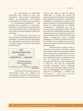 Referencial Curricular da Educação Básica da Rede Estadual de Ensino do Estado de Alagoas 91
MATEMÁTICA
Se consideradas as publicações
curriculares mais recentes no país, será
possível ver que às vezes as capacidades
amplas – ou competências – são tomadas
como objetivos e as capacidades específicas
– ou procedimentos/habilidades – são
tomadas como conteúdos; e às vezes não.
Entretanto, a nomenclatura não é exatamente
o mais importante, mas sim a definição justa
dos saberes cuja aprendizagem é direito dos
estudantes.
No Referencial Curricular da
Educação Básica da Rede Estadual de Ensino
de Alagoas, a opção foi por uma organização
das informações curriculares como indicam
os quadros a seguir e as devidas explicações
posteriormente.
Com esta forma de organização das
informações, tanto nos quadros dos
componentes curriculares como das áreas, o
que se pretende afirmar com a disposição das
linhas é que todos os tipos de saberes
trabalhados na escola são direitos de
aprendizagem dos estudantes. Esses saberes
foram agrupados em atitudes, competências,
habilidades e conteúdos conceituais, sendo
que os conteúdos conceituais estão sempre a
serviço do desenvolvimento de atitudes,
competências e habilidades, que são os
conhecimentos explicitados em atos. Neste
documento,as atitudes dizem respeito a cada
componentecurricularespecíficoeàsáreas,e
estão indicadas acima/antes de tudo o mais
porque a perspectiva é que o trabalho
pedagógico se oriente no sentido de ensiná­
las ou favorecê­las e, também por essa razão,
muitas vezes elas se repetem em vários anos
deescolaridade.
Horizontalmente a relação entre os
elementos dos quadros curriculares sugere
queostópicosapresentadosnaúltima coluna
são condição para a aprendizagem do que
está nas colunas anteriores. Isso, no caso da
área, pressupõe ensinar as habilidades para
que os estudantes desenvolvam as
competências indicadas como fundamentais
a cada ano. No caso do componente
curricular, pressupõe ensinar conteúdos
conceituais que permitem ampliar cada vez
mais as possibilidades dos estudantes de
aprender as habilidades – também elas
e n s i n a d a s – p a r a q u e p o s s a m
progressivamentedesenvolveras
 