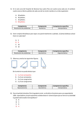 5) En la sala cuna del hospital de Baranoa hay cuatro filas con cuatro cunas cada una. Si cambian
cuatro veces al día los pañales de cada uno de los recién nacidos en un día se gastarían:
A. 20 pañales.
B. 36 pañales.
C. 16 pañales.
D. 64 pañales.
Competencia Componente Competencia especifica
Resolución de problemas Numérico Interpretativa
6) Erwin empleó 64 baldosas para tapar una pared totalmente cuadrada. ¿Cuántas baldosas colocó
Erwin en cada lado?
A. 5
B. 8
C. 16
D. 32
Competencia Componente Competencia especifica
Resolución de problemas Geométrico Argumentativa
7) Observa y analiza las siguientes figuras:
FIG 1 FIG 2 FIG 3 FIG 4
De loanteriorse puede deducirque
A. 1 y 3 son semejantes
B. 2 y 4 son semejantes
C. 4 y 2 son congruentes
D. 2 y 4 son congruentes
Competencia Componente Competencia especifica
Razonamiento Geométrico Interpretativa
8) Para el partidoColombia/Perúlagradería norte se dividióen6sectorespara una capacidadde
1296 espectadores ¿A qué exponente se debeelevarel número6para que se llene ensutotalidad
la gradería del estadiometropolitano?
A. 8
B. 5
C. 6
D. 4
 