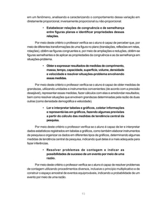 93
em um fenômeno, analisando e caracterizando o comportamento dessa variação em
diretamente proporcional, inversamente proporcional ou não-proporcional.
• Estabelecer relações de congruência e de semelhança
entre figuras planas e identificar propriedades dessas
relações.
Por meio deste critério o professor verifica se o aluno é capaz de perceber que, por
meiodediferentestransformaçõesdeumafiguranoplano(translações,reflexõesemretas,
rotações), obtêm-se figuras congruentes e, por meio de ampliações e reduções, obtêm-se
figuras semelhantes e de aplicar as propriedades da congruência e as da semelhança em
situações-problema.
• Obtereexpressarresultadosdemedidasdecomprimento,
massa, tempo, capacidade, superfície, volume, densidade
e velocidade e resolver situações-problema envolvendo
essasmedidas.
Por meio deste critério o professor verifica se o aluno é capaz de obter medidas de
grandezas, utilizando unidades e instrumentos convenientes (de acordo com a precisão
desejável), representar essas medidas, fazer cálculos com elas e arredondar resultados;
bem como resolver situações que envolvem grandezas determinadas pela razão de duas
outras (como densidade demográfica e velocidade).
• Ler e interpretar tabelas e gráficos, coletar informações
e representá-las em gráficos, fazendo algumas previsões
a partir do cálculo das medidas de tendência central da
pesquisa.
Por meio deste critério o professor verifica se o aluno é capaz de ler e interpretar
dados estatísticos registrados em tabelas e gráficos, como também elaborar instrumentos
de pesquisa e organizar os dados em diferentes tipos de gráficos, determinando algumas
medidas de tendência central da pesquisa, indicando qual delas é a mais adequada para
fazer inferências.
• Resolver problemas de contagem e indicar as
possibilidades de sucesso de um evento por meio de uma
razão.
Por meio deste critério o professor verifica se o aluno é capaz de resolver problemas
de contagem utilizando procedimentos diversos, inclusive o princípio multiplicativo e de
construir o espaço amostral de eventos equiprováveis, indicando a probabilidade de um
evento por meio de uma razão.
 