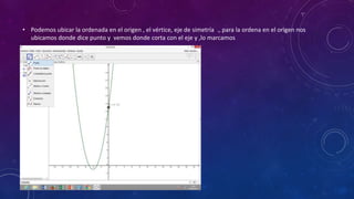 • Podemos ubicar la ordenada en el origen , el vértice, eje de simetría ., para la ordena en el origen nos
ubicamos donde dice punto y vemos donde corta con el eje y ,lo marcamos
 